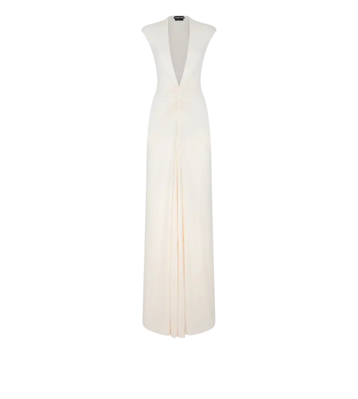 STRETCH SABLE' JERSEY DEEP V-NECK EVENING DRESS OFF WHITE online